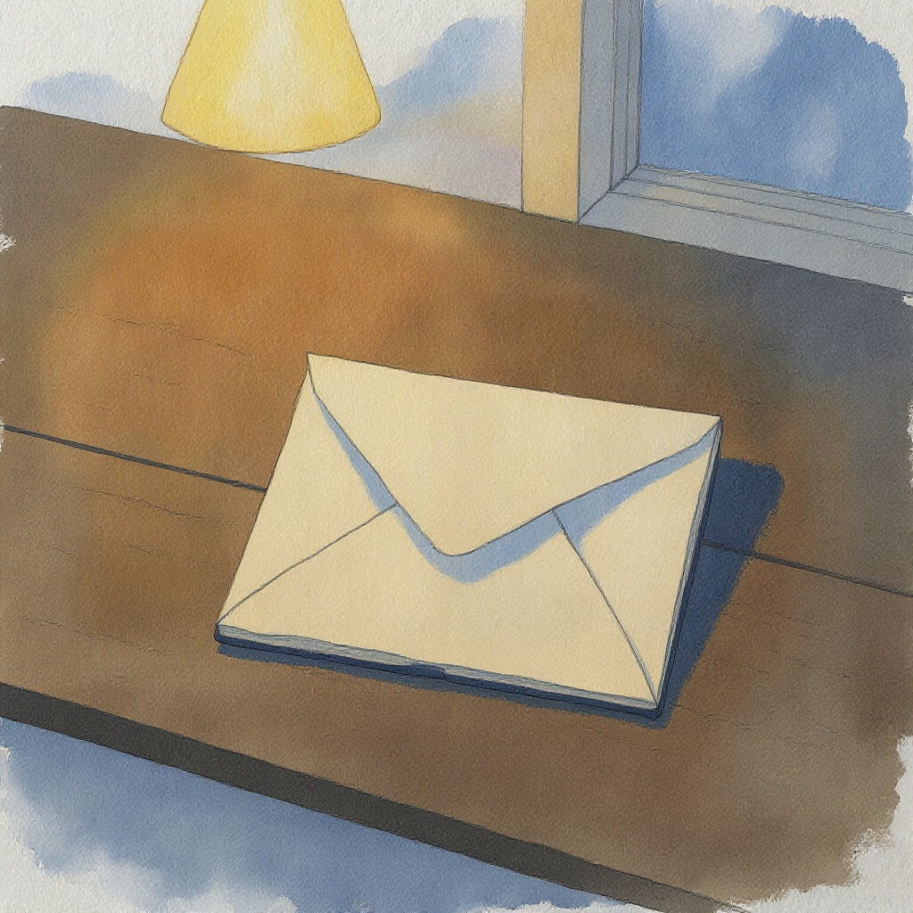 A quiet desk at evening's end, held in warm ochre lamplight and cool blue-grey watercolor washes.