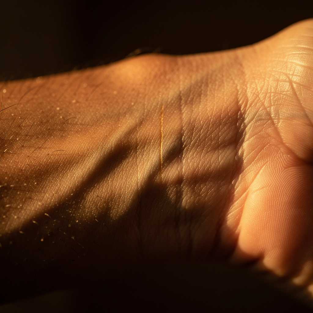 An intimate macro photograph of living human skin over a quiet pulse point in low raking autumn light