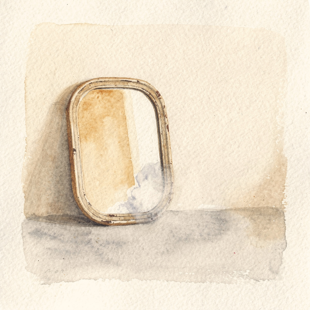 A devotional watercolor study of a quiet room's ambient light held in a plain glass mirror
