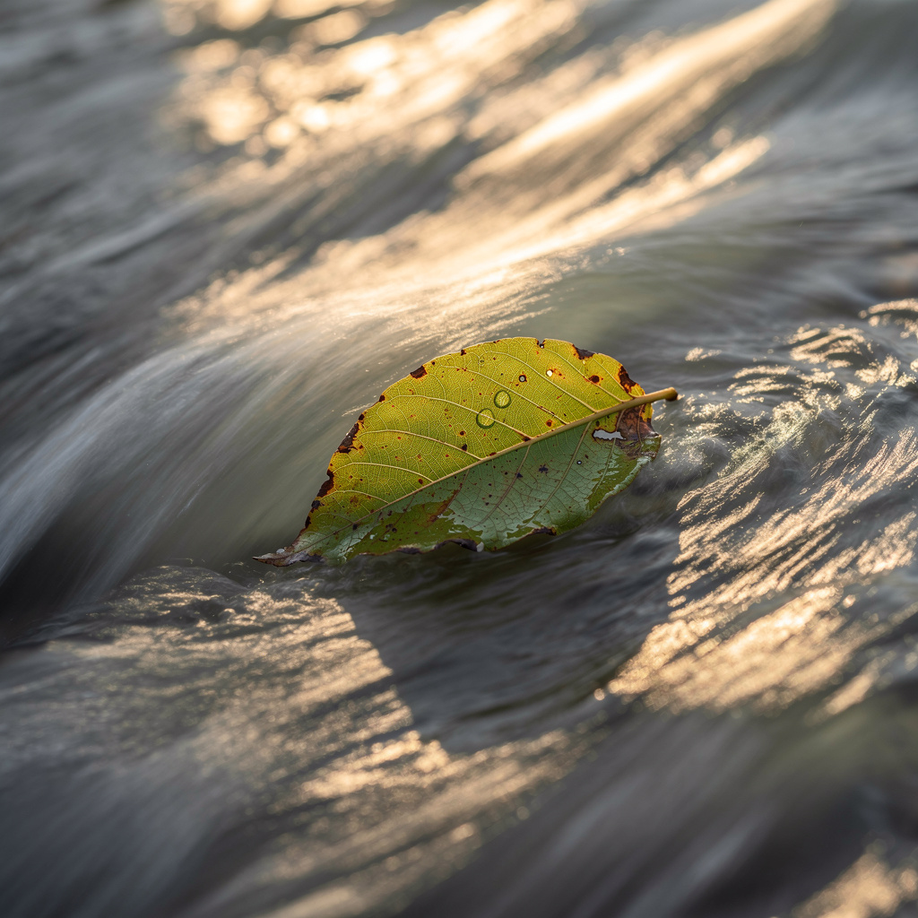 a clear forest stream where swift water blurs into silk around one unmoving leaf